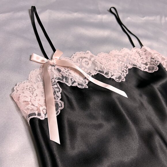 Victoria's Secret Angels Black Satin Pink Lace-Ribbon Slip Dress SZ Large Womens - Picture 8 of 16